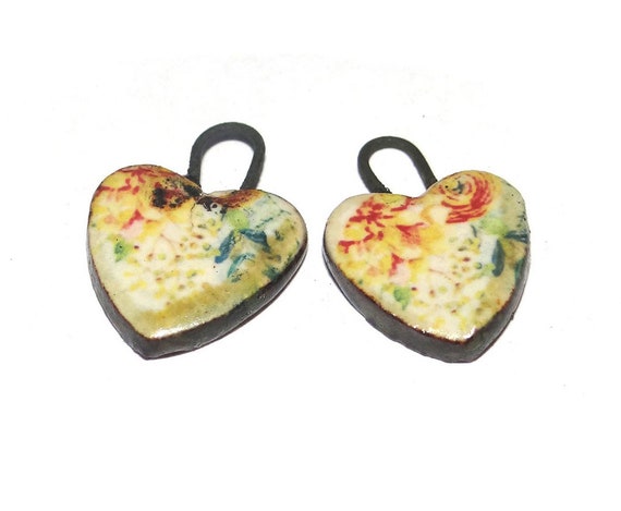 Ceramic Heart Earring Charms Pair Beads Handmade Rustic 15mm CC3-3