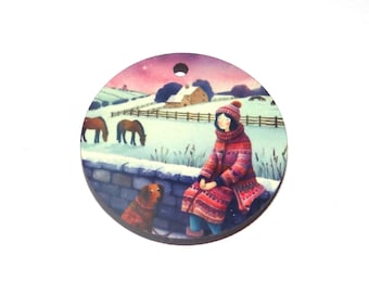 Wooden Two Sided Horse Winter Snow Pendant Handmade 30mm MM7-1