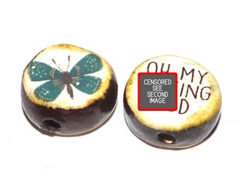 1 Ceramic Double Sided Quote Bead Porcelain Handmade  15mm PP3-1