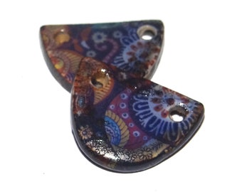 Ceramic Floral Patterned Rustic Charms Beads Pair Porcelain 15mm PP2-4