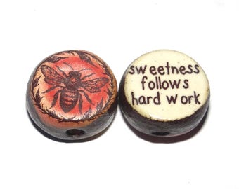 1 Ceramic Bee Double Sided Quote Bead Handmade 13mm BB4-3