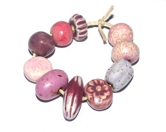 Ceramic Bead Set Textured Glazed Pottery Clay Handmade 8-15mm