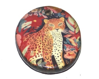 Ceramic Leopard Cat Pendant Handmade Focal Porcelain 30mm CC7-3