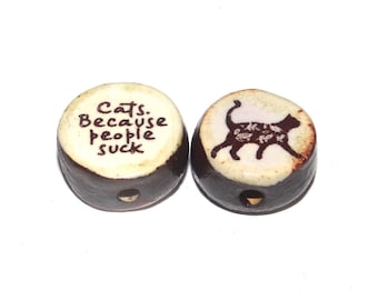 1 Ceramic Cat Double Sided Quote Bead Porcelain Handmade 13mm BB4-4