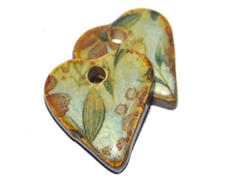 Ceramic Heart Floral Patterned Charms Earring Bead Pair 18mm PP3-2