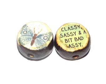 1 Ceramic Quote Bead Flower Porcelain Two Sided Handmade  16-18mm PP6-2