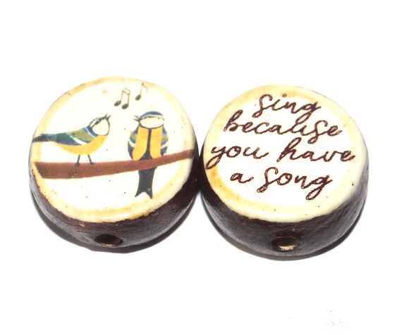 1 Ceramic Double Sided Quote Bead Porcelain Handmade 25mm 1" Winter PP4-1