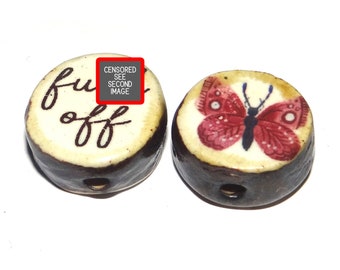1 Ceramic Butterfly Bead Double Sided Quote Bead Porcelain Handmade  15mm PP3-4