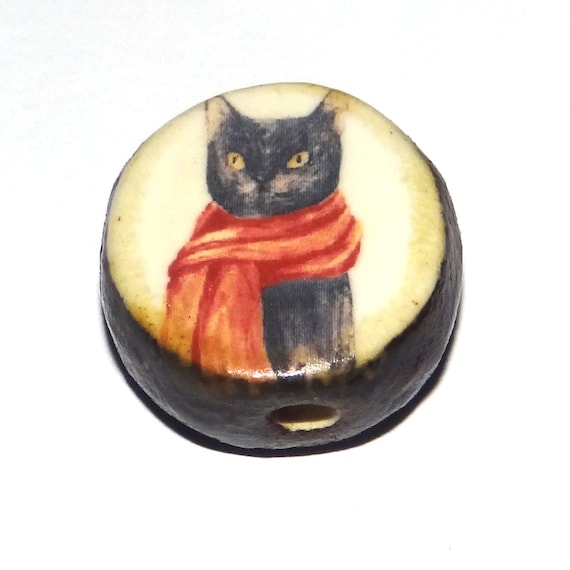 Ceramic Cat Focal Bead Handmade Pottery Beads 20mm PP2-1