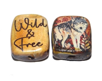 1 Ceramic Wolf Bead Two Sided Quote Beads Porcelain Handmade  20mm