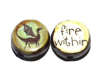 1 Ceramic Double Sided Quote Bead Porcelain Handmade 15mm BB8-4