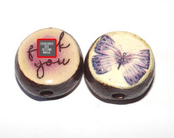 1 Ceramic Double Sided Quote Bead Porcelain Handmade Adult 19mm CC4-4