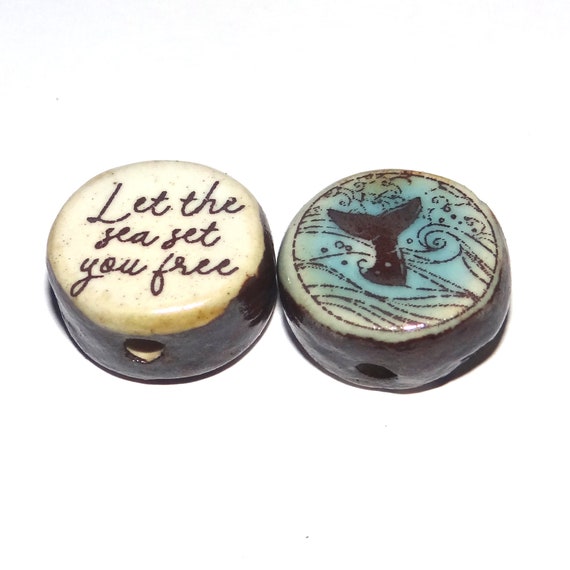 1 Ceramic Double Sided Quote Bead Porcelain Handmade 18mm PP6-1