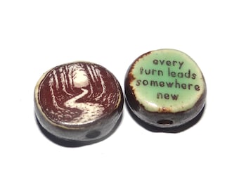 1 Ceramic Double Sided Quote Bead Porcelain Handmade 13mm BB9-4