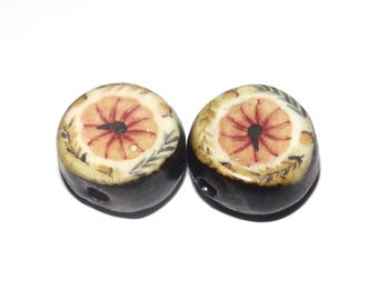Ceramic Pumpkin Earring Pair Beads Handmade Rustic 14mm CC1-1