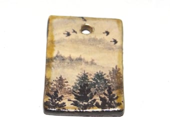 Ceramic Forest Tree Bird Pendant Handmade Focal Porcelain 30mm CC5-1