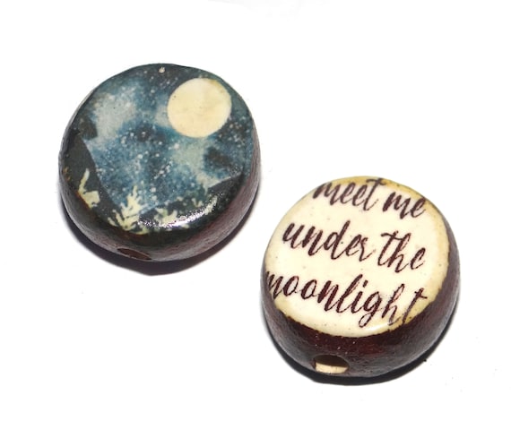 1 Ceramic Double Sided Quote Bead Porcelain Handmade 25mm 1" Moon PP4-1