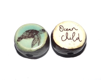 1 Ceramic Turtle Double Sided Quote Bead Porcelain Handmade 13mm BB8-2