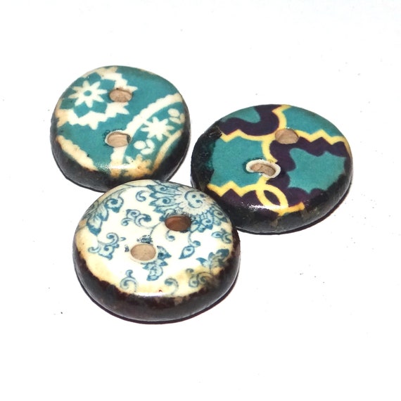 Ceramic Floral Patterned Buttons Porcelain Handmade Unique Rustic 15mm CC8-2