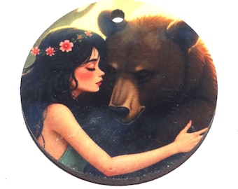 Wooden Two Sided Bear Pendant Porcelain Handmade 30mm MM9-2