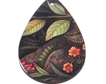Wooden Two Sided Floral Pendant Porcelain Handmade 45mm MM10-4