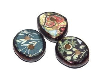 Ceramic Floral Patterned Buttons Handmade Unique Rustic 13-15mm CC9-1