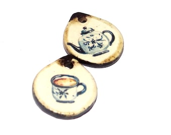 Ceramic Tea Cup Kettle Charms Earring Bead Pair 19mm CC5-4
