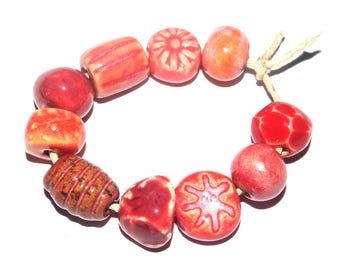 Ceramic Bead Set Textured Glazed Pottery Clay Handmade 8-15mm