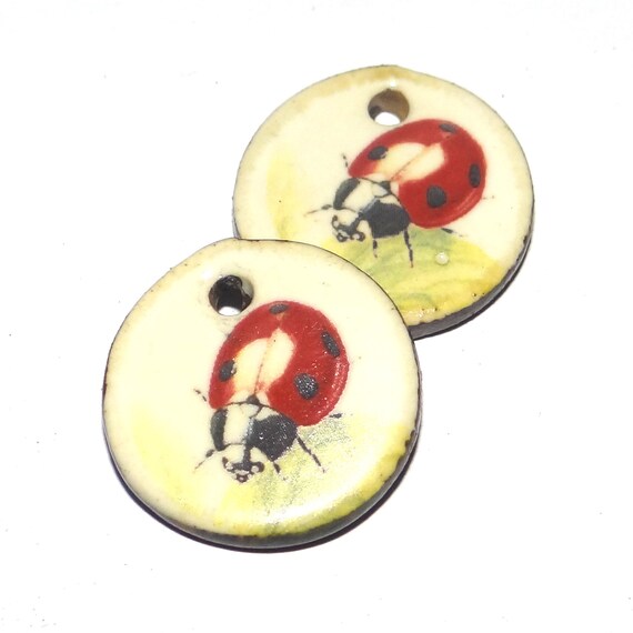 Ceramic Ladybug Ladybird Earring Charms Pair Beads Handmade Rustic 18mm/0.7" CC1-4