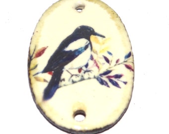 Ceramic Magpie Bird Pendant Handmade Focal Porcelain 30mm CC7-3