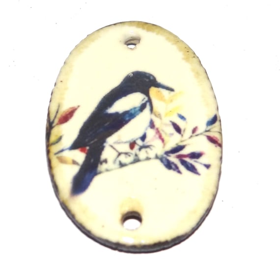 Ceramic Magpie Bird Pendant Handmade Focal Porcelain 30mm CC7-3