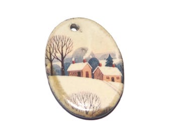 Ceramic Winter Countryside Pendant Handmade Focal Porcelain 30mm CC4-1