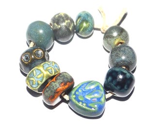 Ceramic Bead Set Textured Glazed Pottery Clay Handmade 8-15mm
