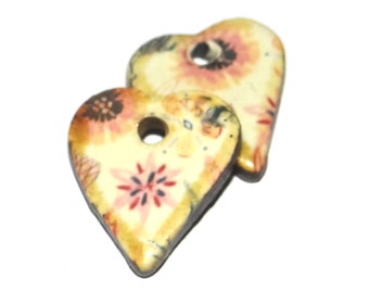Ceramic Heart Floral Earring Charms Pair Beads Handmade Rustic 18mm PP1-3/0.7" CC1-4