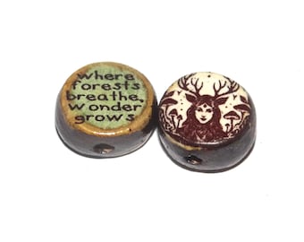 1 Ceramic Forest Queen Double Sided Quote Bead Porcelain Handmade 13mm BB4-1