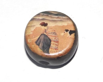Ceramic Dog Walk on the Beach Focal Bead Handmade Pottery Beads 16mm PP3-1