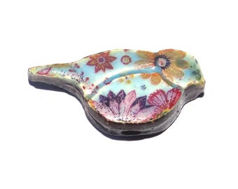 Ceramic Bird Bead Focal Handmade Rustic Floral Porcelain 30mm PP2-1