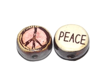 1 Ceramic Peace Double Sided Quote Bead Porcelain Handmade 13mm BB9-4