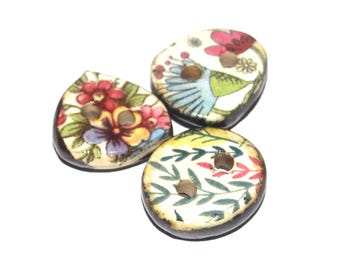 Ceramic Floral Patterned Buttons Handmade Unique Rustic 13-15mm CC9-1
