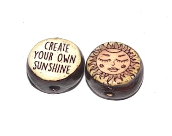 1 Ceramic Sun Double Sided Quote Bead Porcelain Handmade 13mm BB4-4