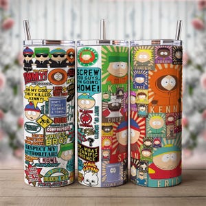 Puede incluir: Tres vasos de acero inoxidable con diseños de personajes de South Park. Cada vaso presenta un collage diferente de personajes y frases del programa, incluyendo "¡Oh, Dios mío, mataron a Kenny!" y "Screw you guys, I'm going home!"