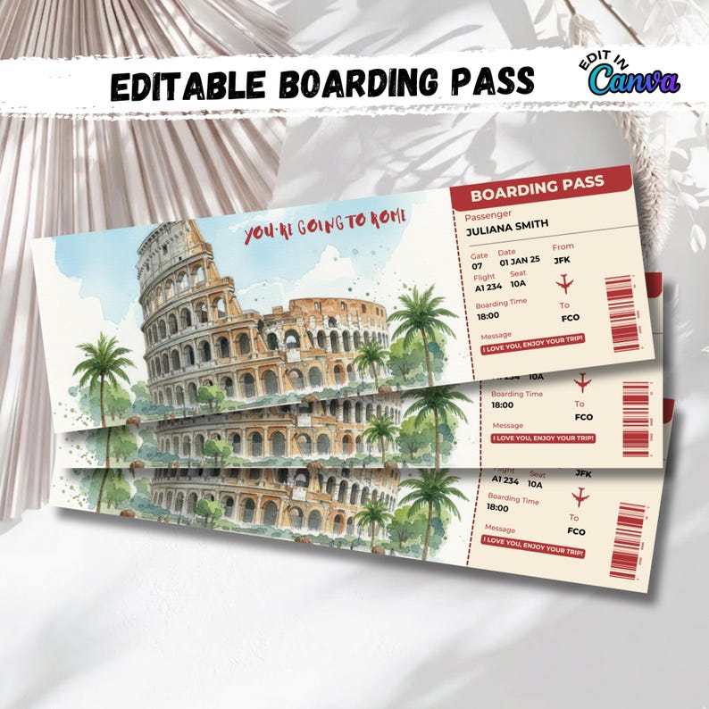 Editable Rome Boarding Pass Gift | Surprise Trip Reveal | Airline ...