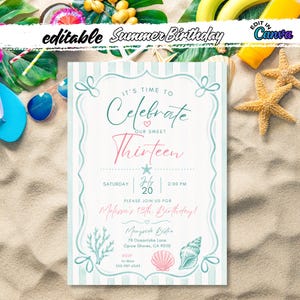 Puede incluir: Una tarjeta de invitación de cumpleaños rectangular con un fondo de rayas azul claro y blanco y un borde decorativo. El texto dice: It's time to celebrate our sweet thirteen, Saturday July 20, 2:00 PM, Melissa's 13th Birthday.