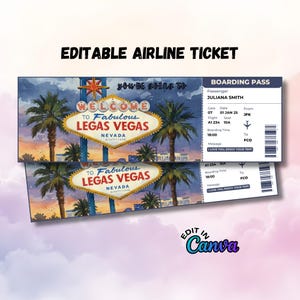 May include: Two editable airline tickets with a Las Vegas theme. The tickets feature the iconic "Welcome to Fabulous Las Vegas" sign, palm trees, and a watercolor sky. One ticket includes a boarding pass with passenger details.