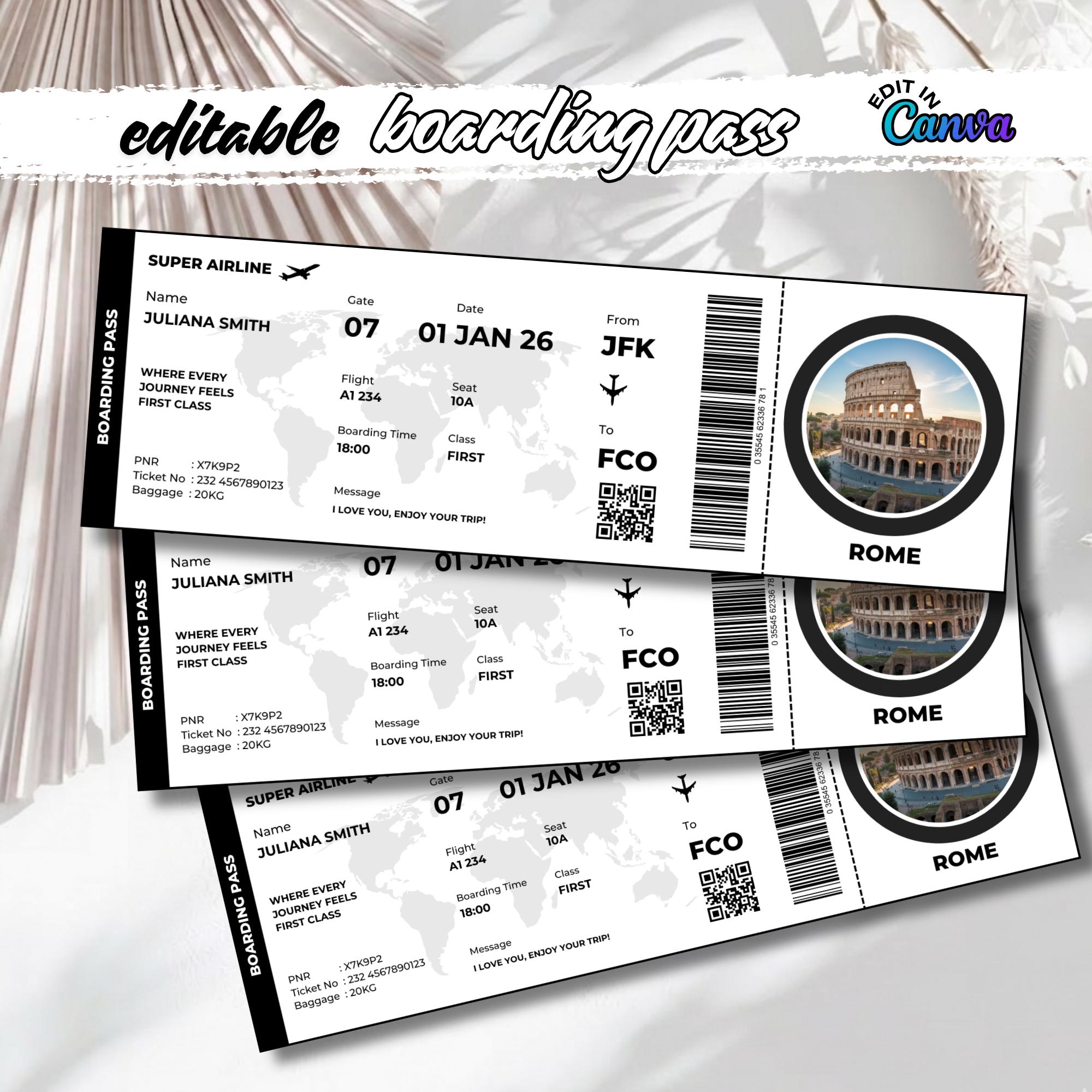 Editable Rome Boarding Pass Gift | Surprise Trip Reveal | Airline ...