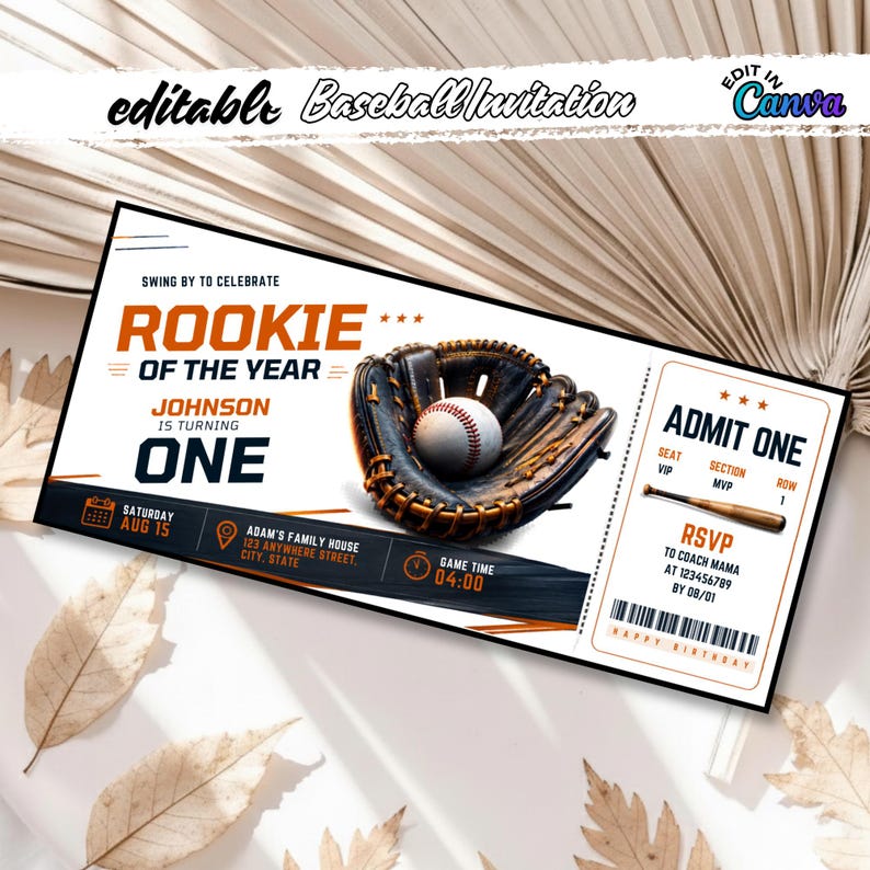 Editable Baseball Birthday Invitation Template, Rookie 1st Birthday ...