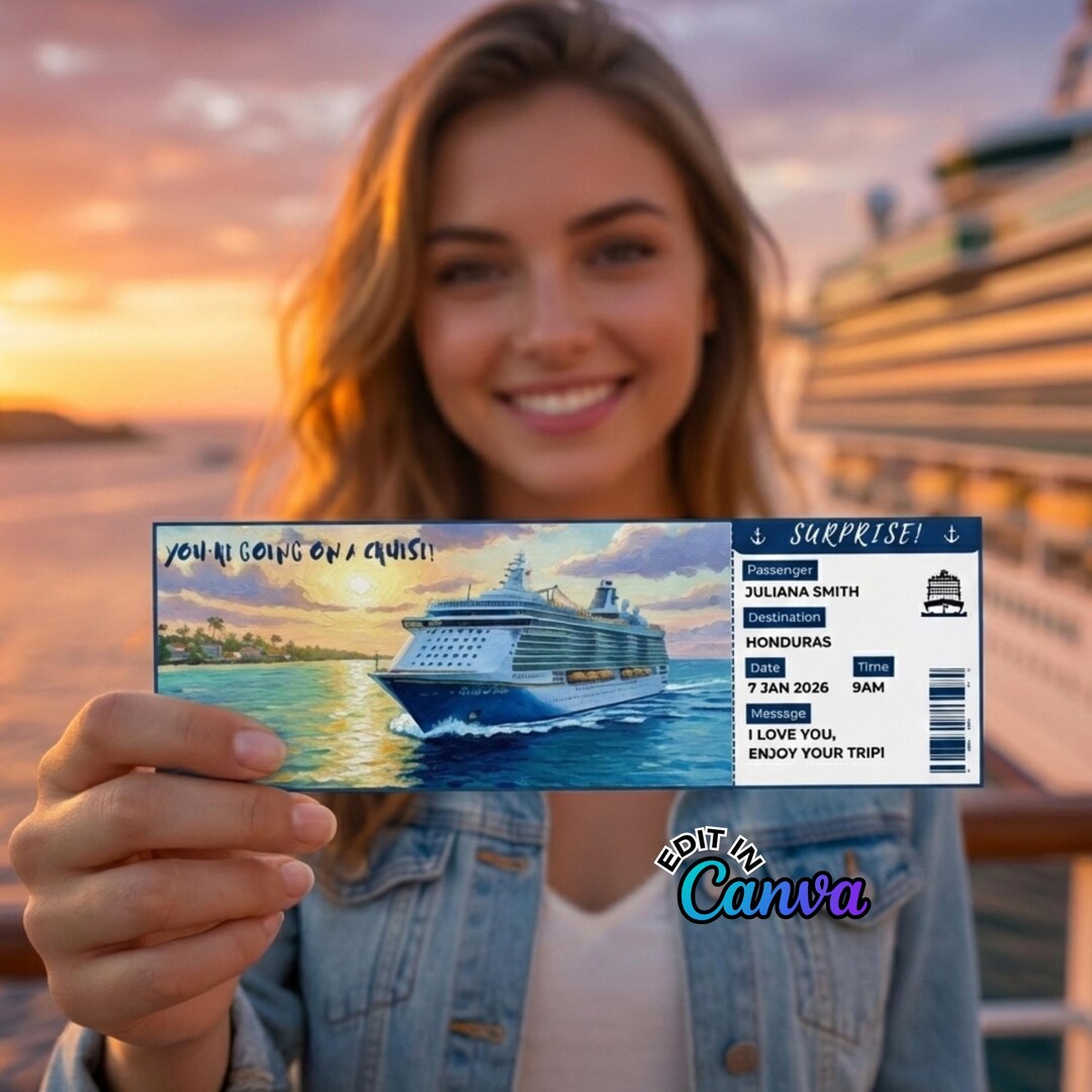 Cruise Ticket Gift Template, Editable Boarding Pass DIY for Holiday