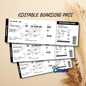 Puede incluir: Una pila de tres tarjetas de embarque en blanco y negro con el texto "EDITABLE BOARDING PASS". Cada tarjeta incluye detalles del pasajero, información del vuelo y un código de barras. Los pases son para Juliana Smith, volando de JFK a FCO.