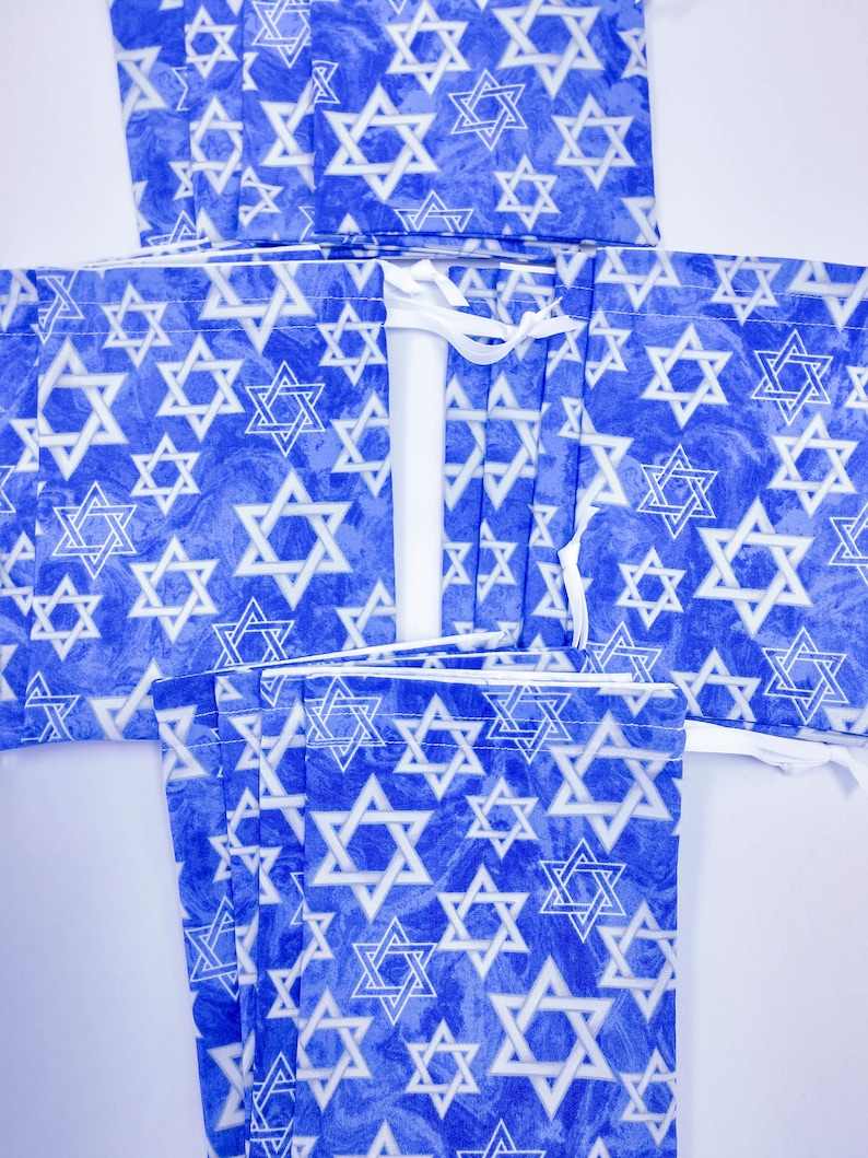 Set of 4 Ready to Ship Hanukkah Fabric Gift Bag Blue and White Star of David Fabric Fully Lined Reusable Drawstring Eco-Friendly