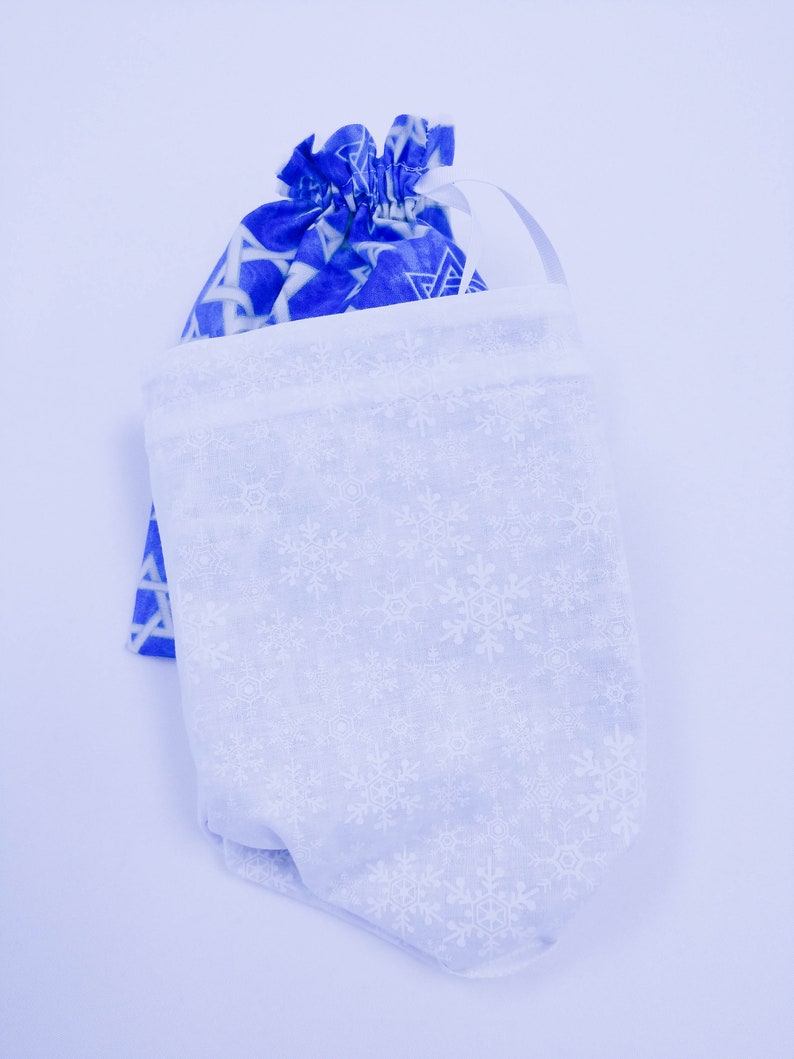 Set of 4 Ready to Ship Hanukkah Fabric Gift Bag Blue and White Star of David Fabric Fully Lined Reusable Drawstring Eco-Friendly